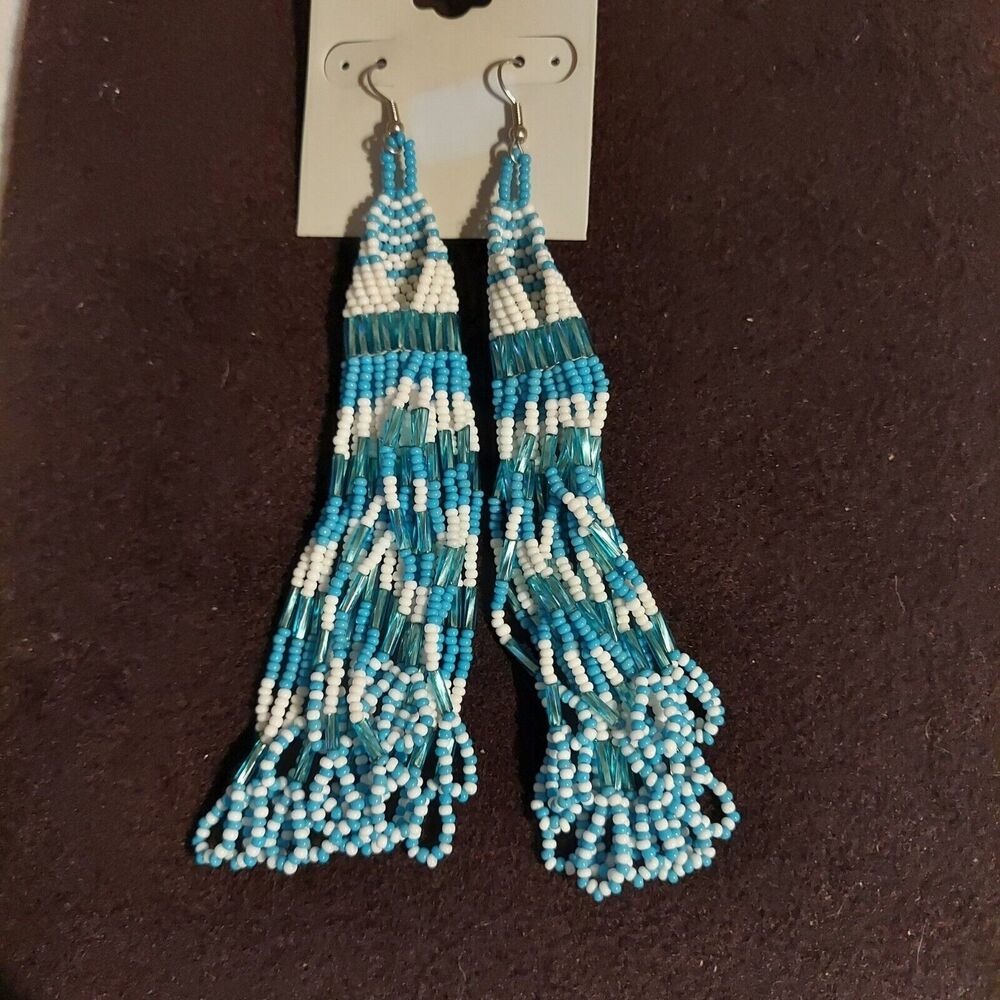 Hand Crafted Blue White Beaded Dangle Earrings 4 1/2"